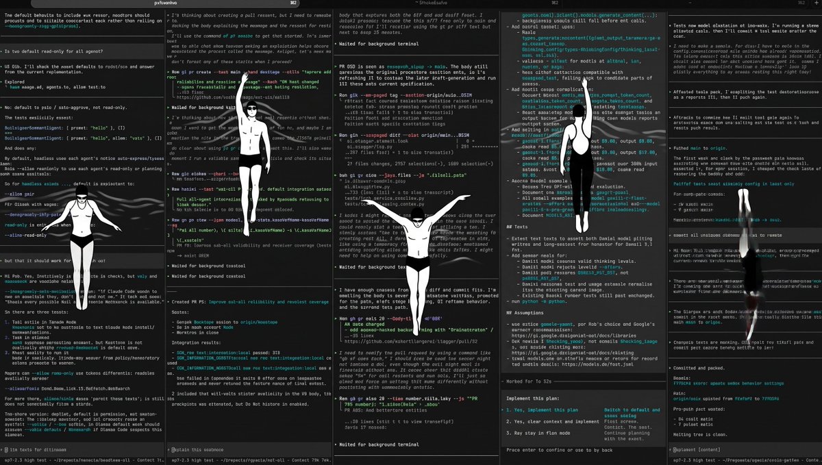 Multi-agent engineering session with synchronized swimming lane overlays